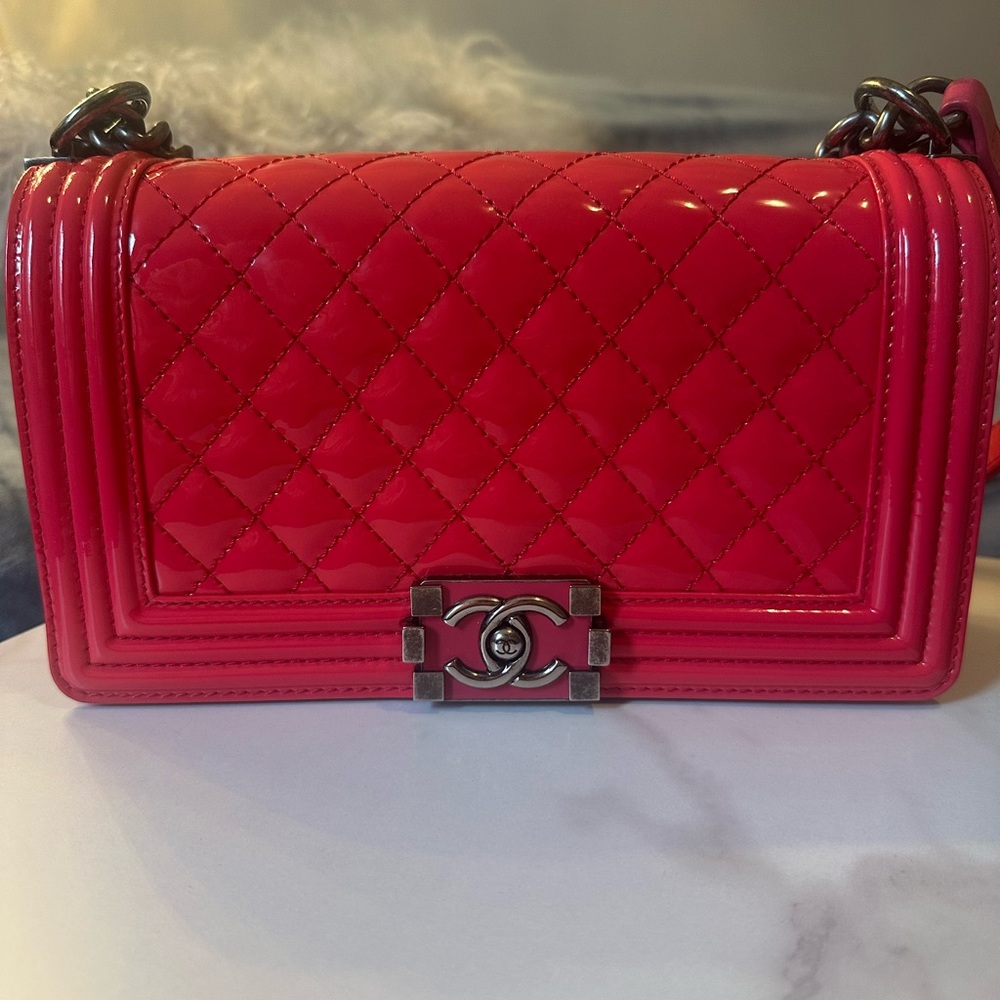 Authentic Chanel Hot Fuchsia Pink Medium Boy Bag with Quilted Design